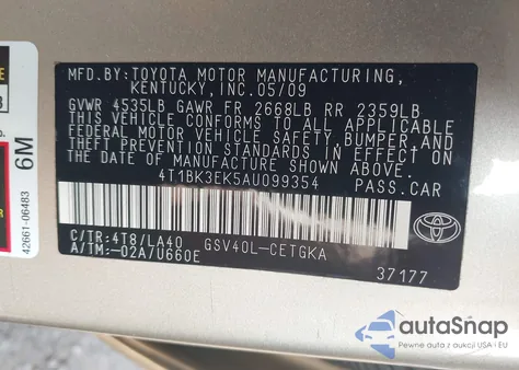 2010 Toyota Camry Xle V6 из США, поврежденный, VIN 4T1BK3EK5AU099354